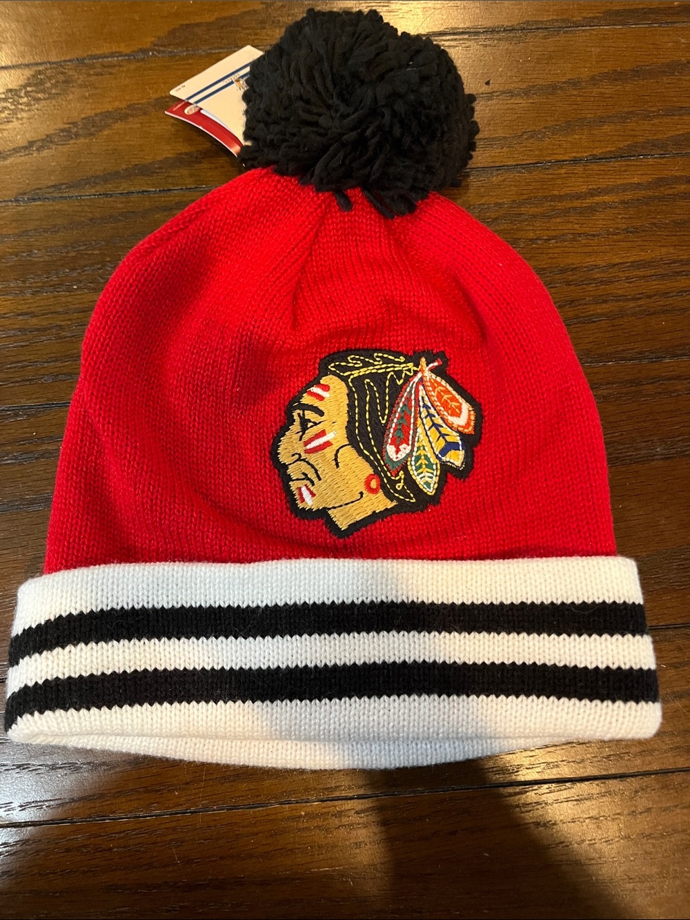 Mitchell & Ness Red Kids Pom Beanie with Black Pom and White Cuff